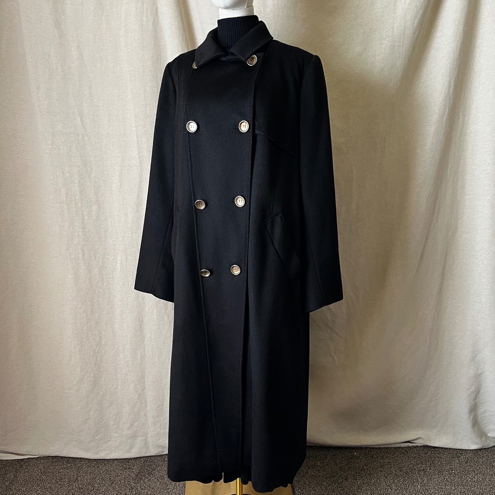 Marina Rinaldi Italy Black Alpaca Wool Long Double Breasted Coat L XL